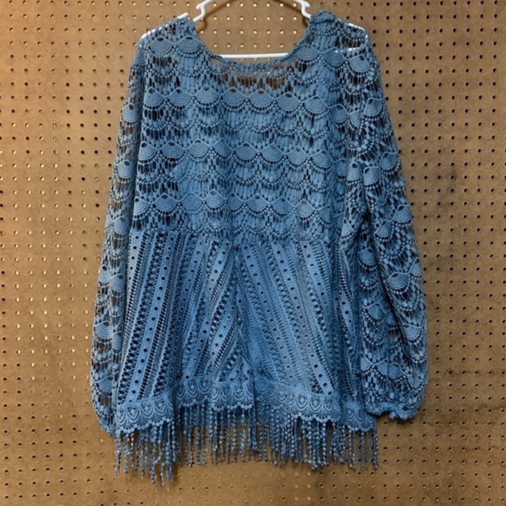 Indigo Thread Co Blue Lace Tassel Fringe Blouse‎ Top Plus 3X Boho Indie Sheer
